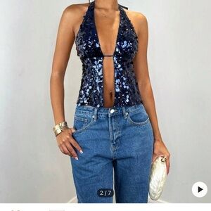 Sequin Halter Top - Blue